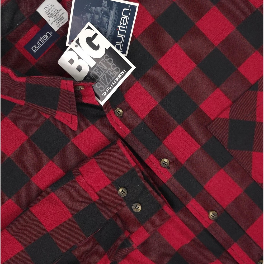 Puritan Shirt Mens‎ Big 3XL Red Buffalo Plaid Flannel Long Sleeve Button Front